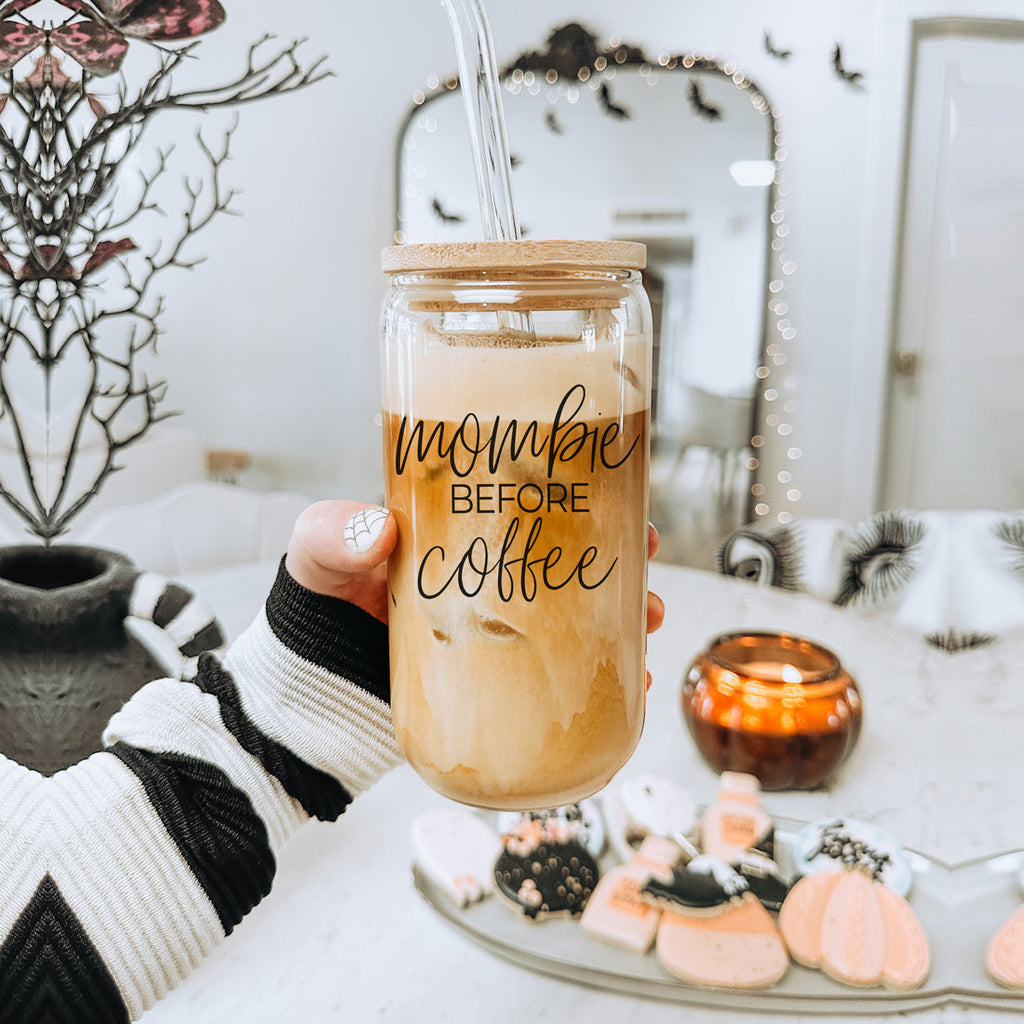Mombie 20oz Glass Tumbler With Bamboo Lid Stainless Straws Coffee Hocus Pocus I Need Coffee