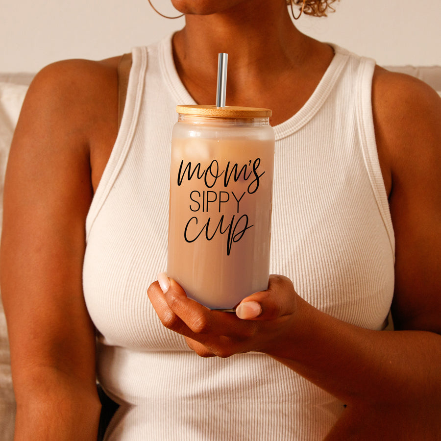 Mom's Sippy 17oz Glass Tumbler With Bamboo Lid 2 Stainless Straws And Cleaner