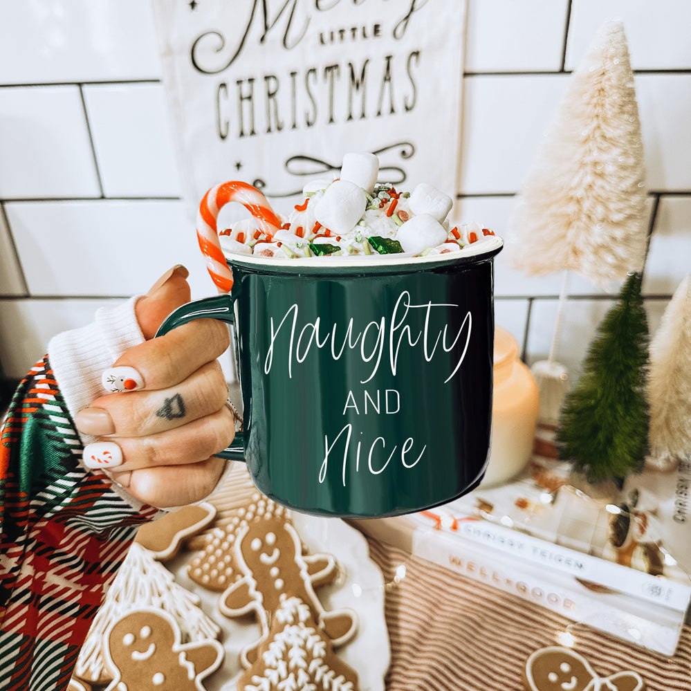 Naughty And Nice Coffee Mug Ceramic Campfire Style 14.5oz Red Or Green Double Side Design