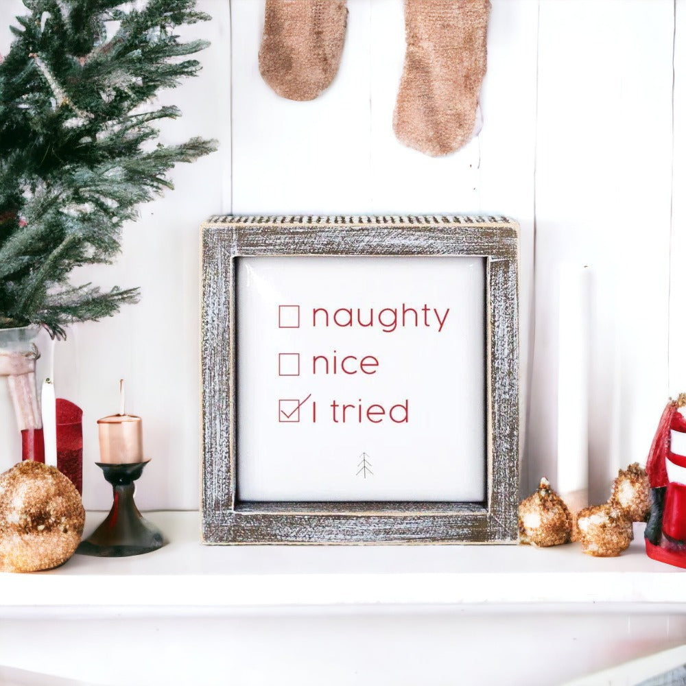 Naughty Nice I Tried 5in Wood Embossed Christmas Sign Holiday Decor