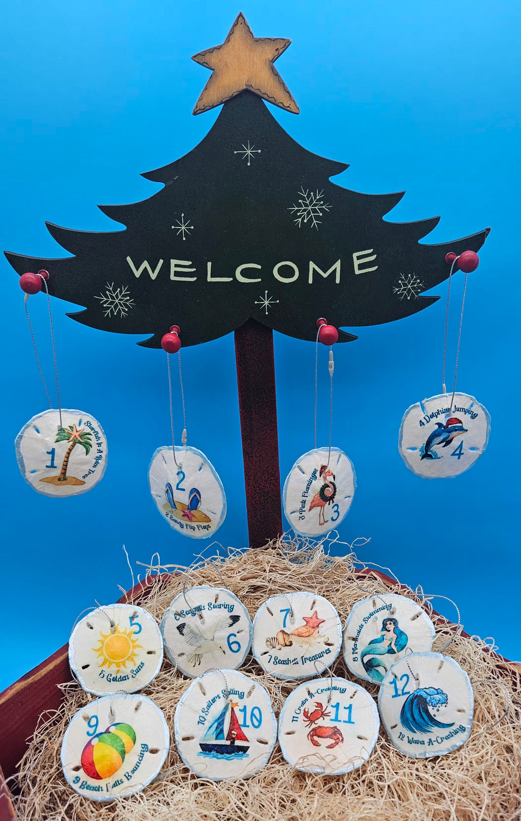Christmas Ornament Set – Coastal & Traditional Sand Dollar “12 Days of Christmas” Handcrafted Holiday Decor