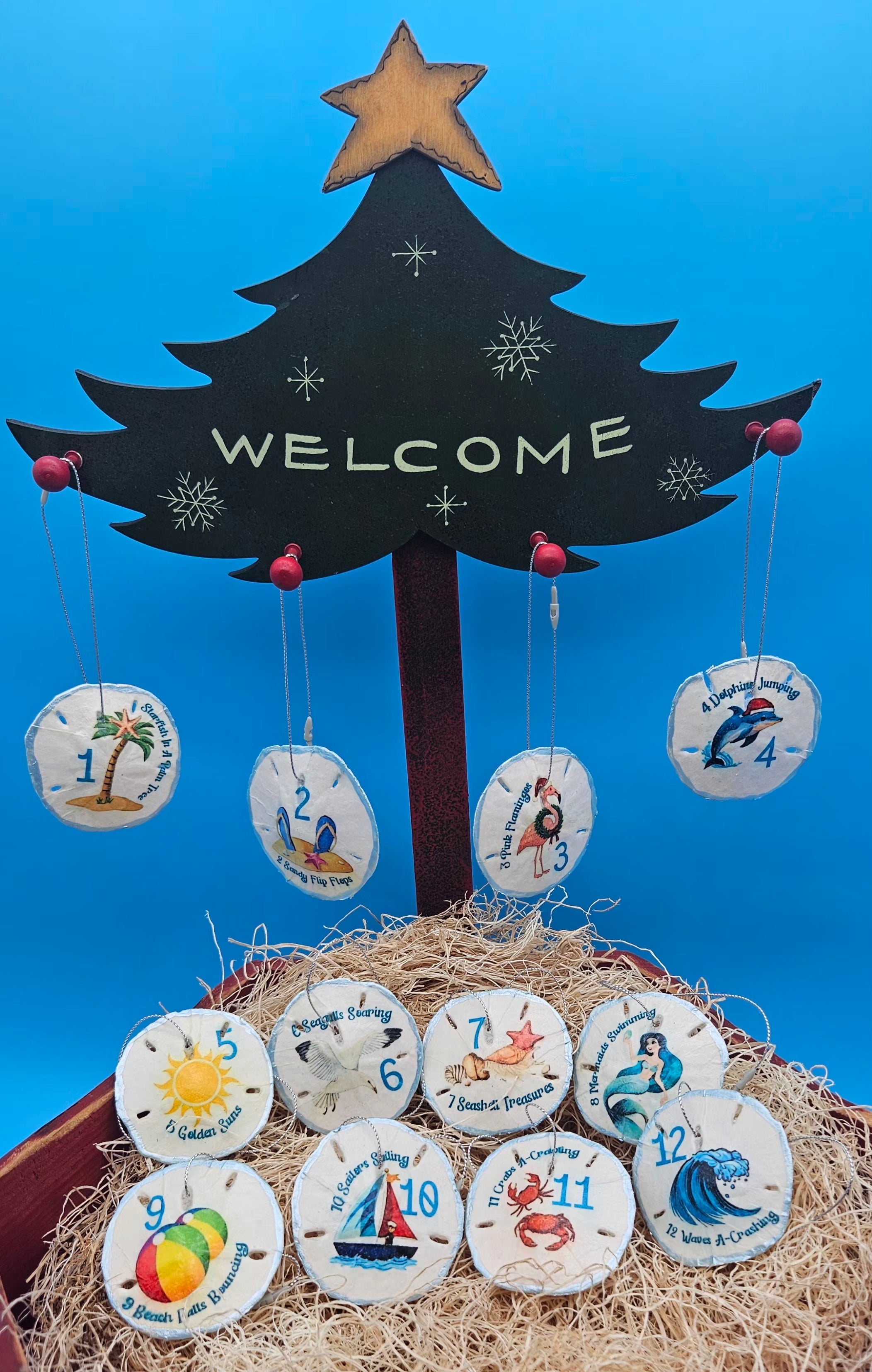 Christmas Ornament Set – Coastal & Traditional Sand Dollar “12 Days of Christmas” Handcrafted Holiday Decor