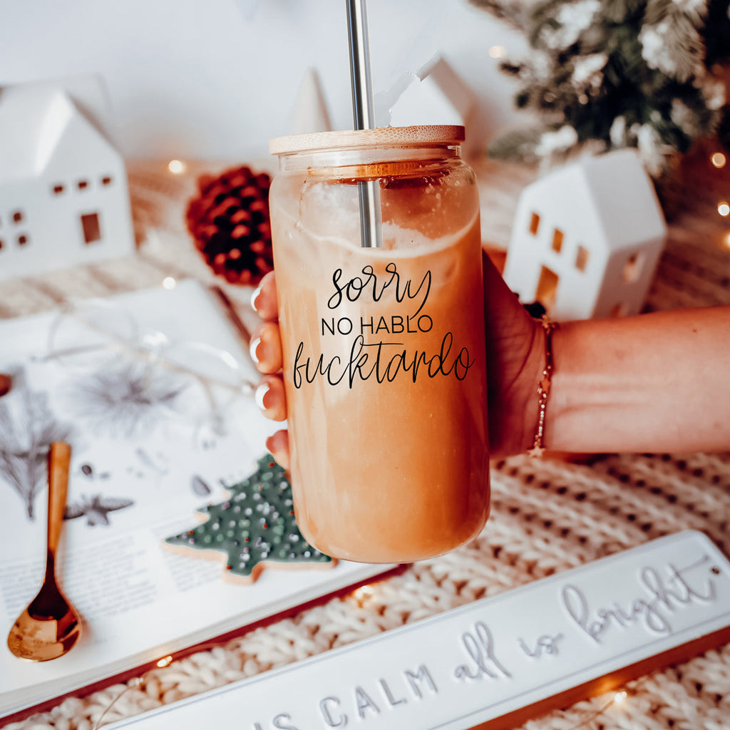 No Hablo 17oz Glass Tumbler With Bamboo Lid, 2 Stainless Straws And Cleaner