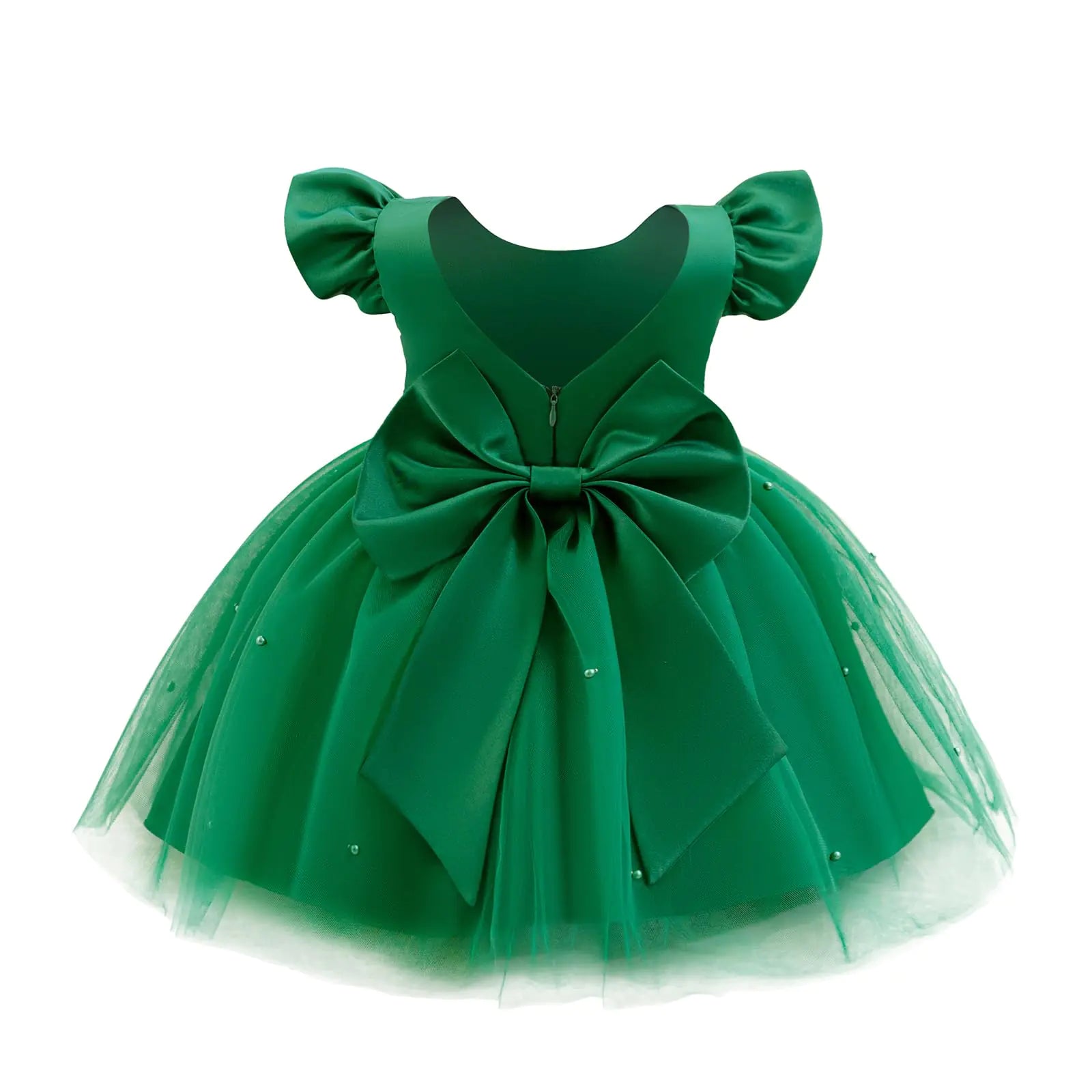 OBEEII | Baby Girl Party Dress | Infant Flower Girl Dress | Ruffle Sleeve Satin Pearls Tulle | Tutu Dress Bowknot | V Back-Pageant -Wedding -Birthday-Formal Party Dresses - Green - 12-18 Months - - # BAAA51110004