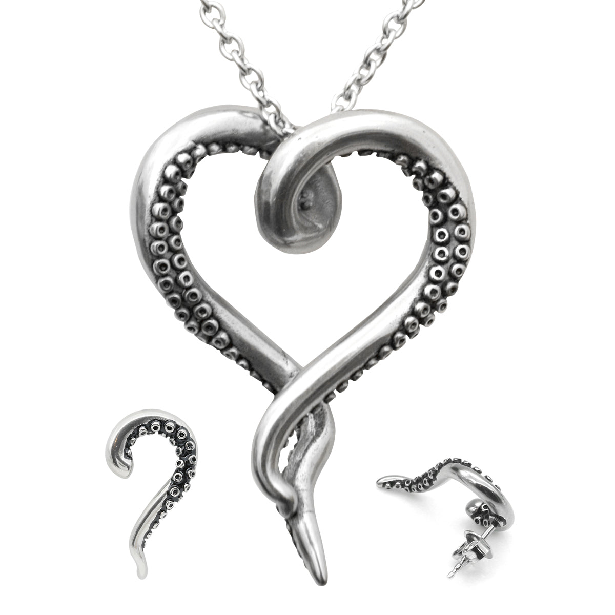 Octopus Tentacle Necklace And Earring Set Silver Pendant