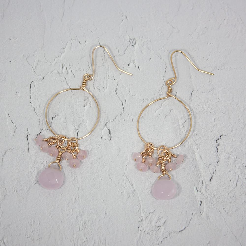 Pink Chalcedony Jade Cluster Hoop Earrings Gold Dainty