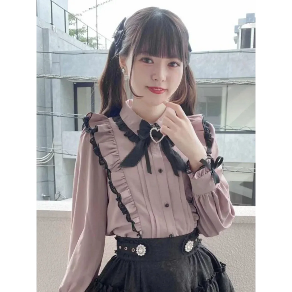 Pink Lace Ruffle Blouse - Kawaii Lolita Bow Top