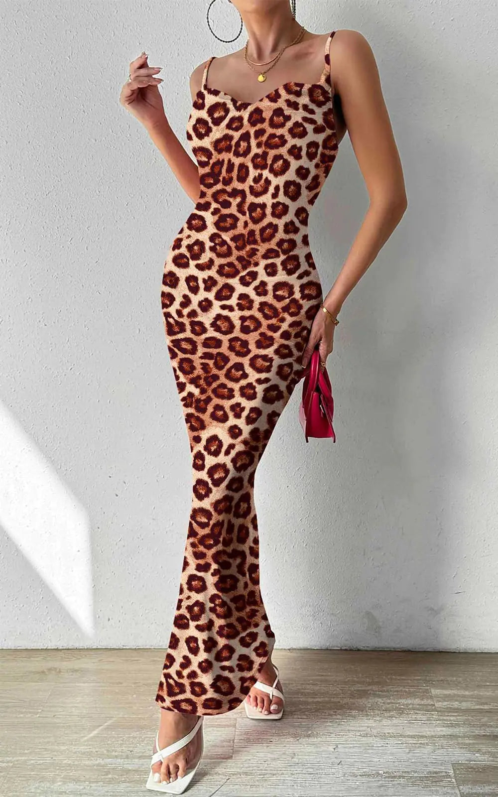 PRETTYGARDEN Women's 2024 Summer Floral Spaghetti Strap Maxi Dress Stretch Sexy Bodycon Dress Backless Slip Long Dresses Large Brown Leopard - # GIAA231710001