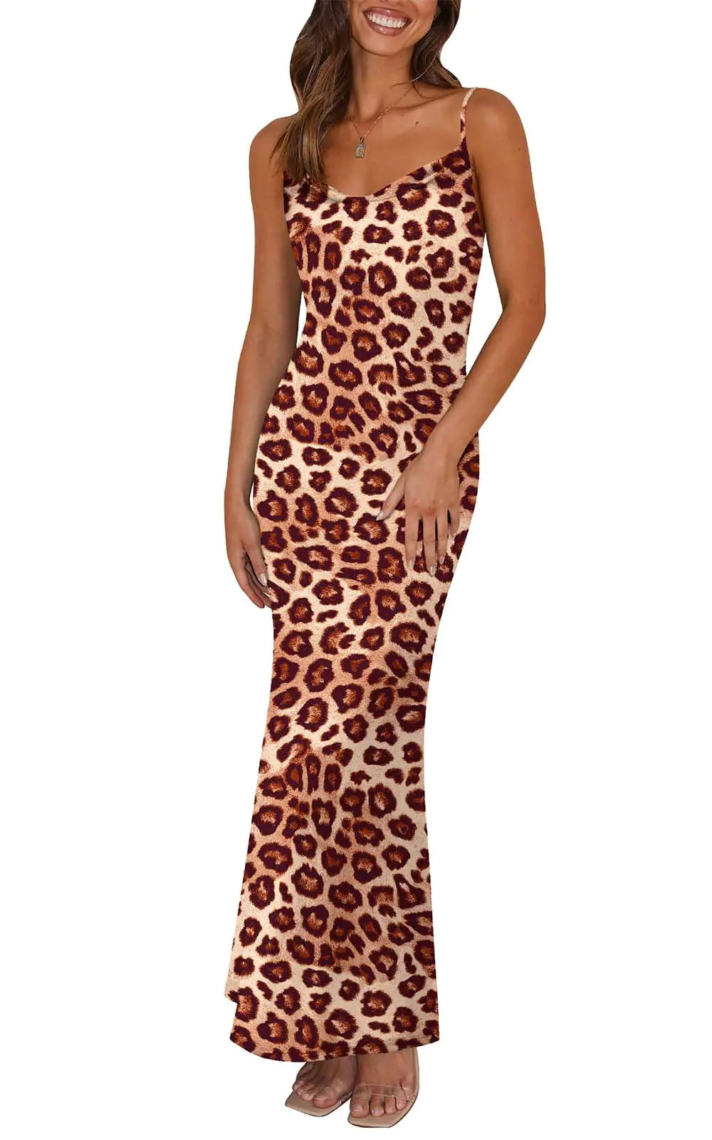 PRETTYGARDEN Women's 2024 Summer Floral Spaghetti Strap Maxi Dress Stretch Sexy Bodycon Dress Backless Slip Long Dresses Large Brown Leopard - # GIAA231710001