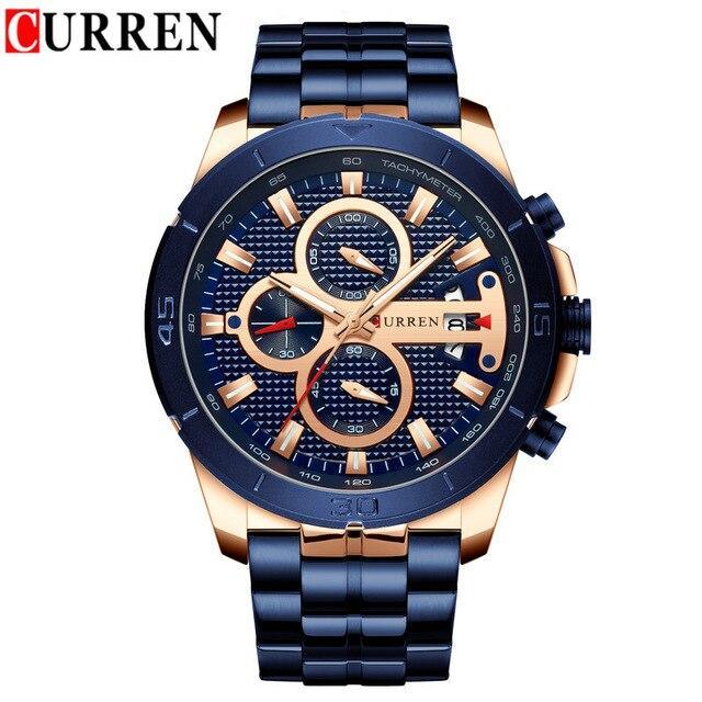 Montre étanche pour homme avec chronomètres, affichage du jour et aiguilles fluorescentes. Design de luxe unique. Cadeau parfait.