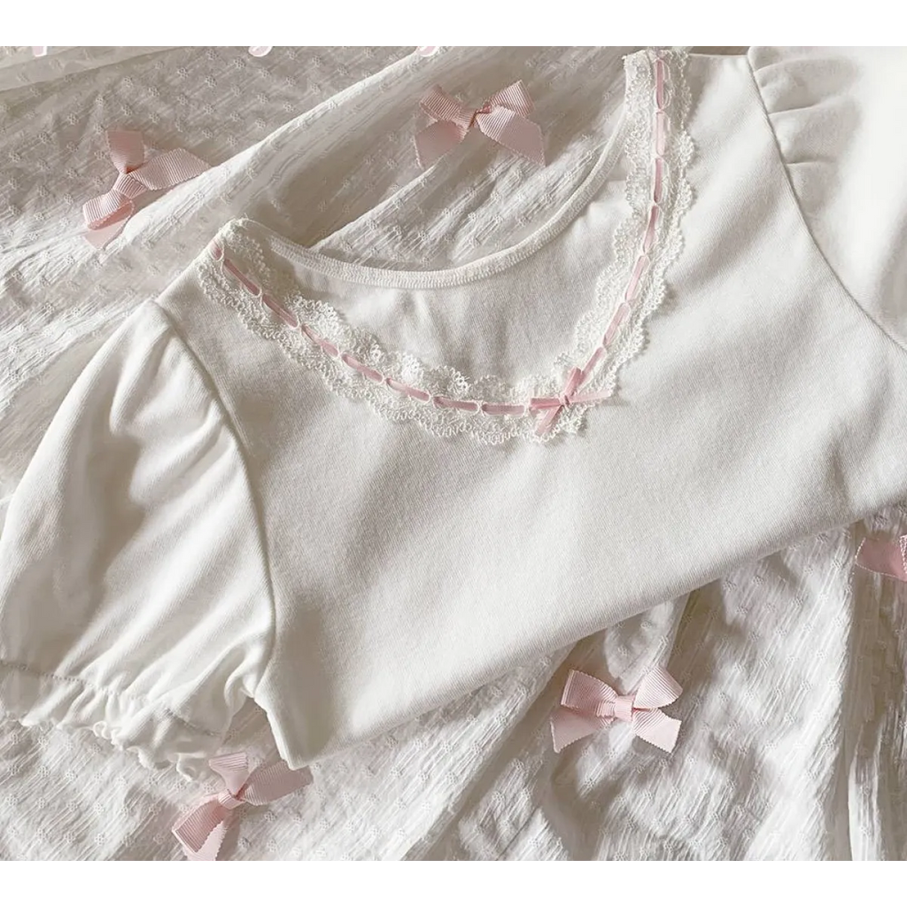 Ribbon Lace Trim Puff Sleeve T-Shirt