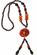 Red Circle Pendant Shimmer Necklace Long Beaded Boho