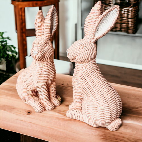 Resin Basket Weave Bunny Figurine Rattan Style Easter Decor 3 Color Options