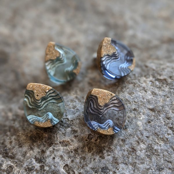 Ridge Stud Earrings – Aquamarine & Ultramarine Resin Teardrops