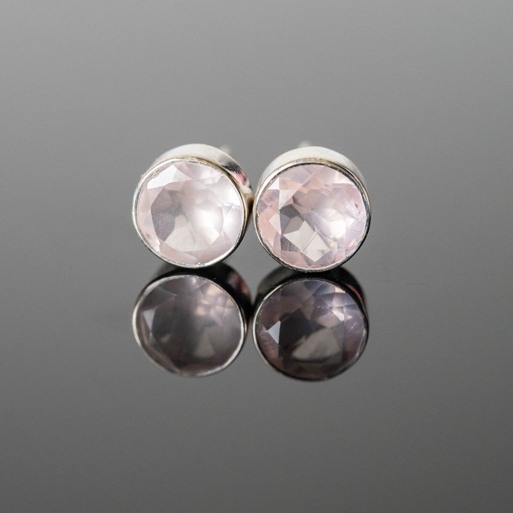 Rose Quartz Round Stud Earrings Sterling Silver Post