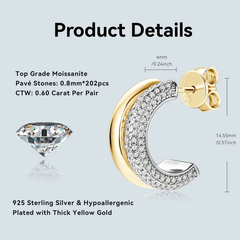 Round Cut Moissanite C-Shaped Stud Earrings 925 Sterling Silver For Women