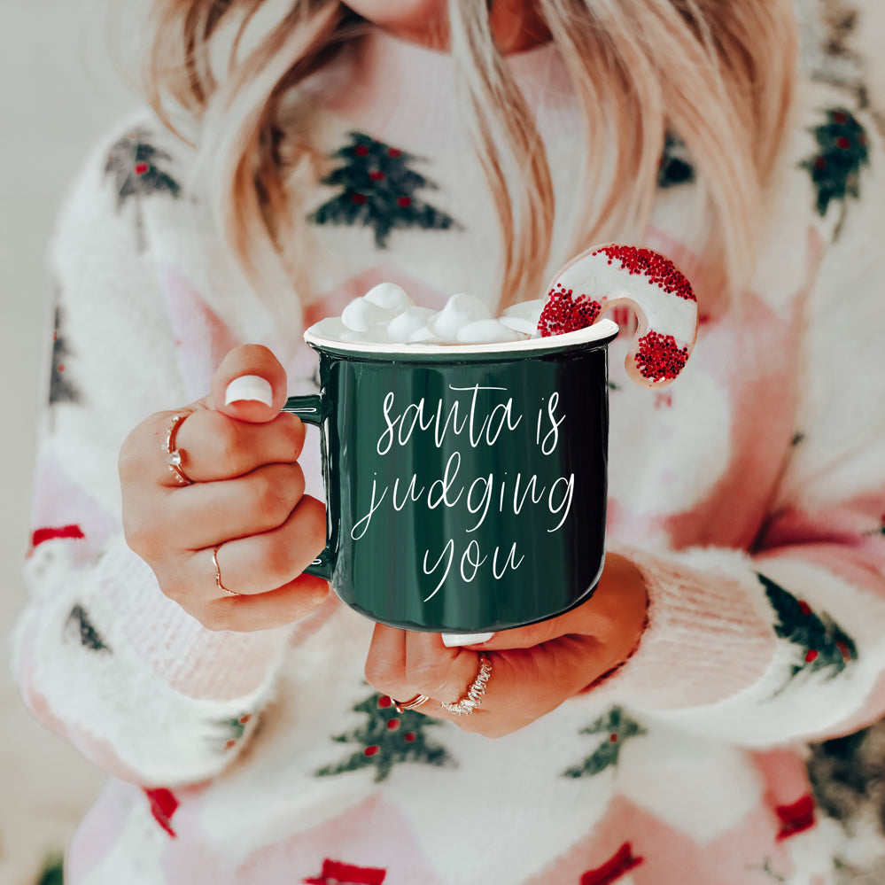 Santa Is Judging Mug 14.5oz Ceramic Campfire Style Holiday Coffee Mug Red Or Green Double Sided