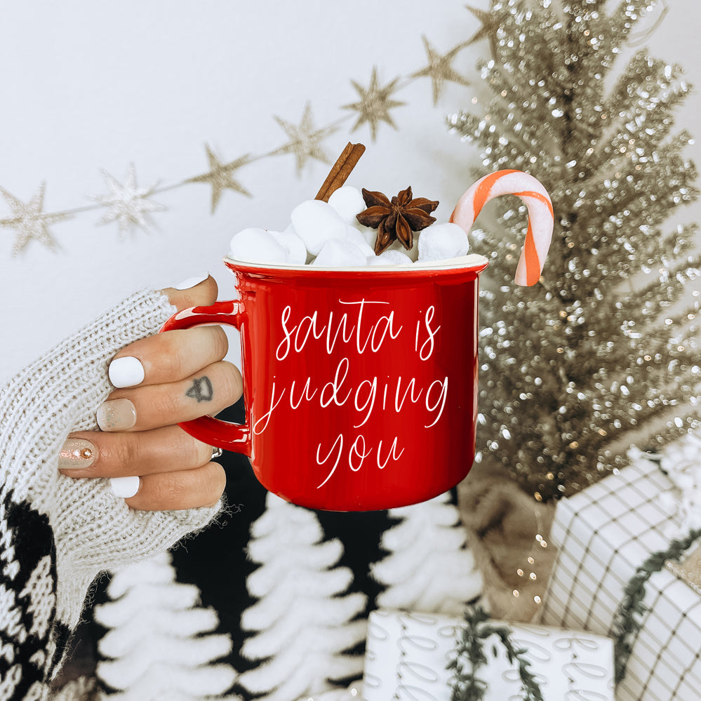 Santa Is Judging Mug 14.5oz Ceramic Campfire Style Holiday Coffee Mug Red Or Green Double Sided