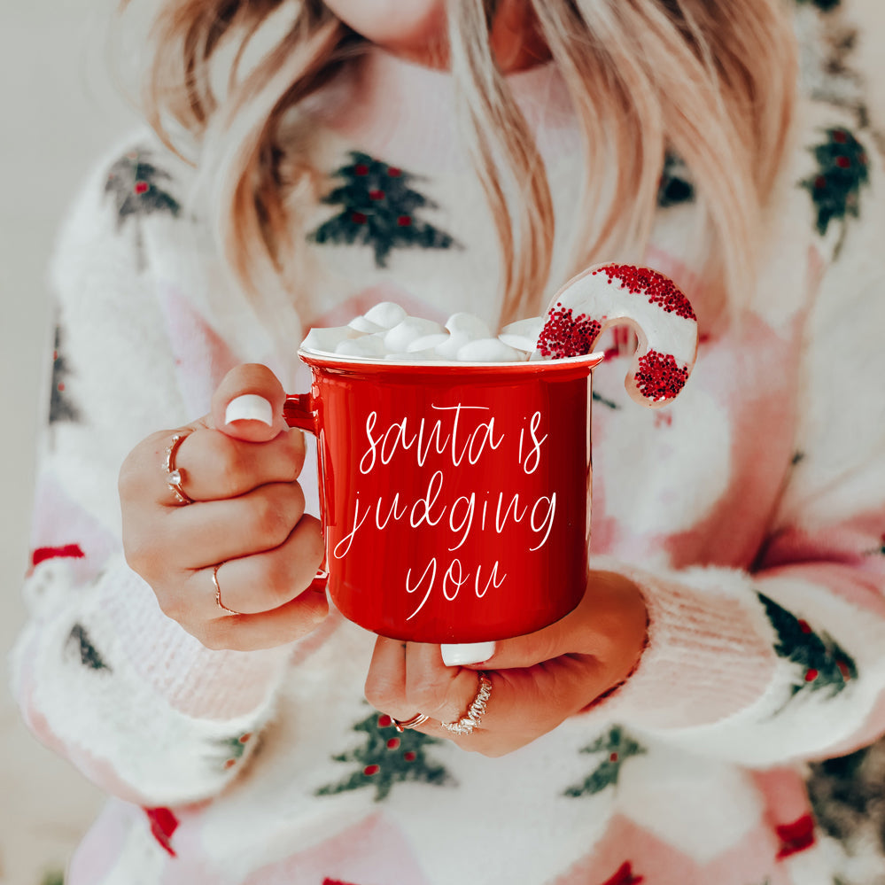 Santa Is Judging Mug 14.5oz Ceramic Campfire Style Holiday Coffee Mug Red Or Green Double Sided