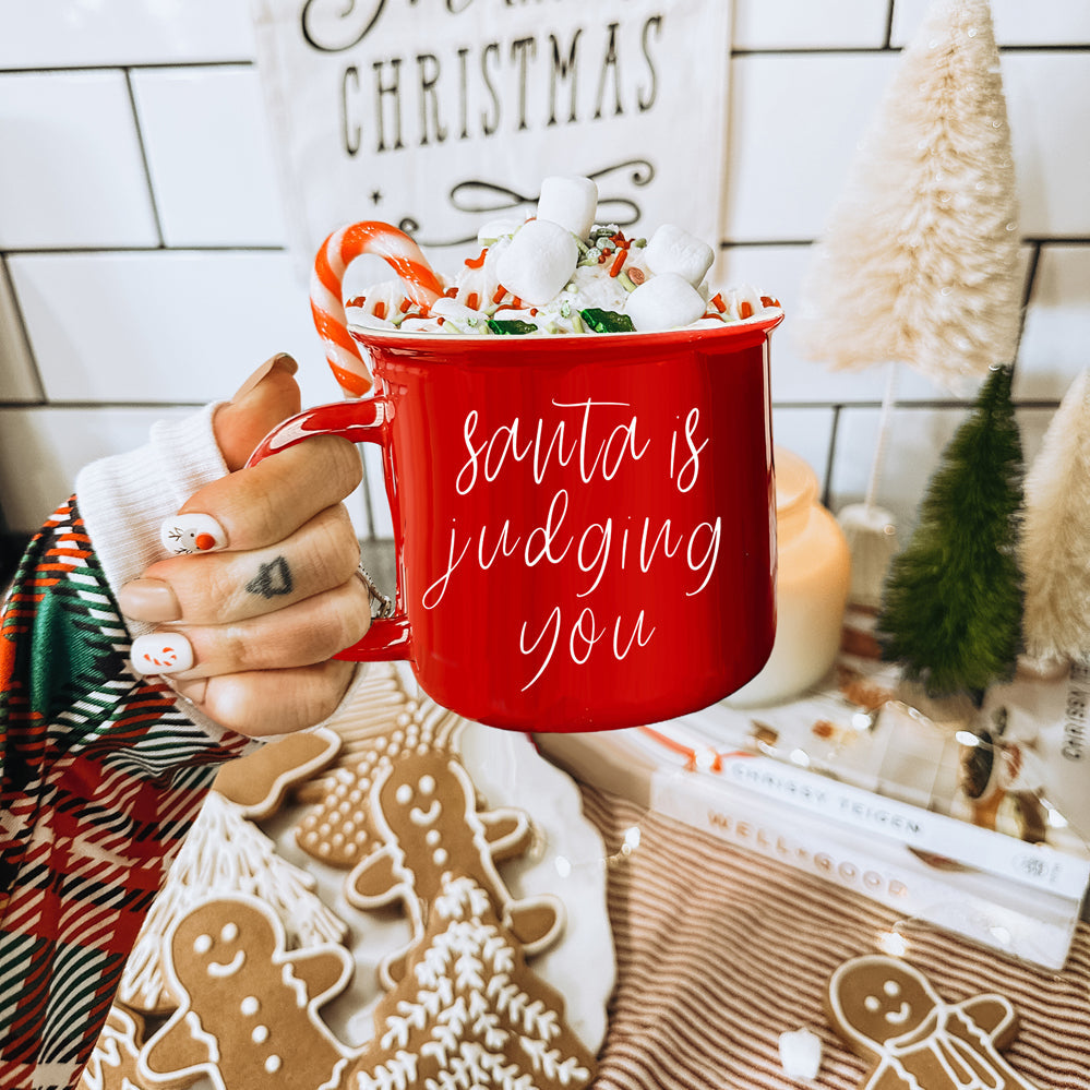 Santa Is Judging Mug 14.5oz Ceramic Campfire Style Holiday Coffee Mug Red Or Green Double Sided