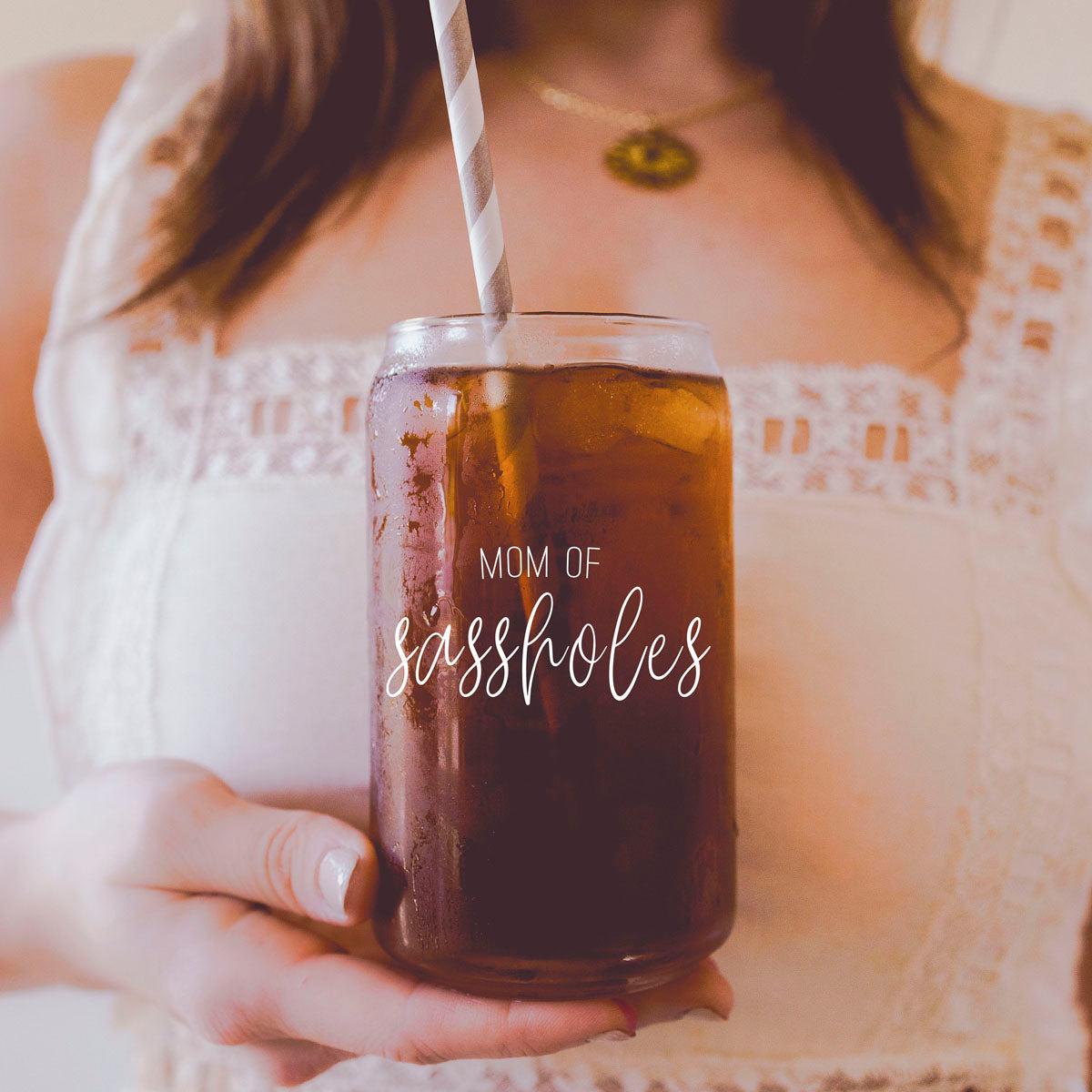 Funny Mom 17oz Glass Tumbler With Bamboo Lid, 2 Stainless Straws and Cleaner