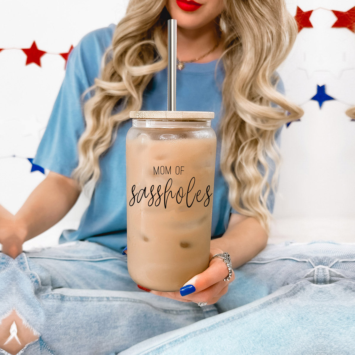 Funny Mom 17oz Glass Tumbler With Bamboo Lid, 2 Stainless Straws and Cleaner