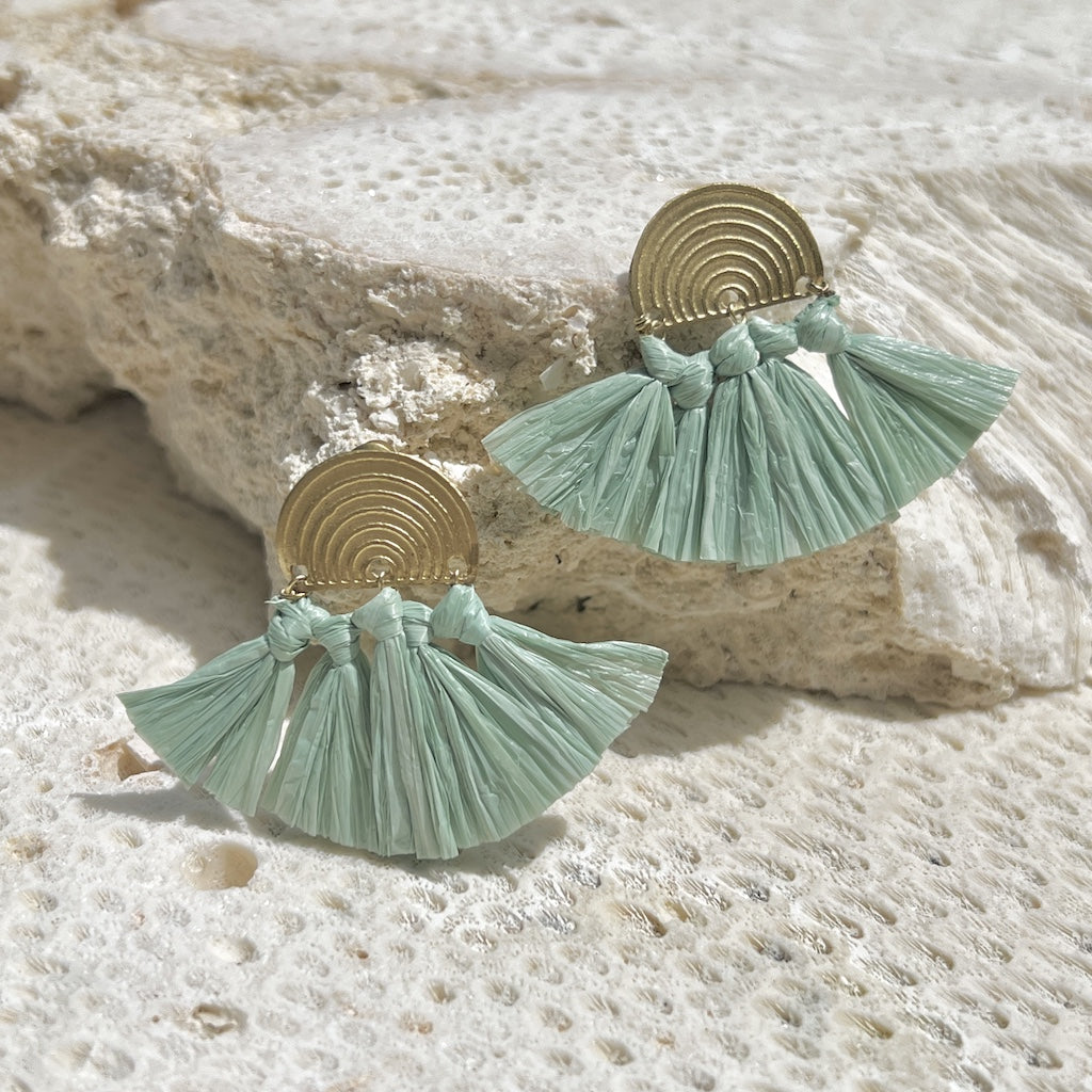 Sea Green Raffia Fan Earrings Lightweight Boho Brass Dangle Summer Jewelry