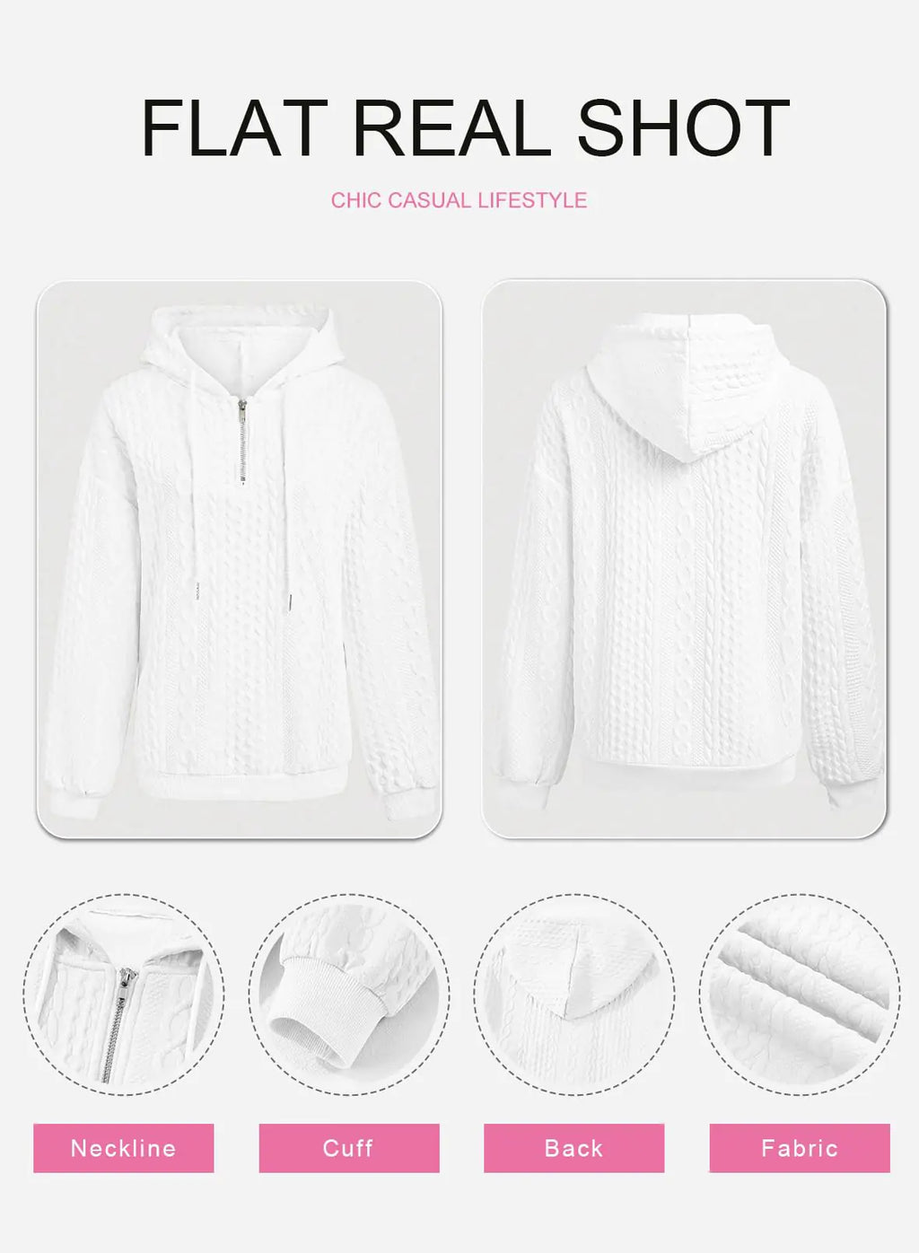 SHEWIN Women's Quarter Zip Hoodies Oversized Sweatshirt Long Sleeve Lightweight Pullover Tops Large White - # WOAA21510022-PRG