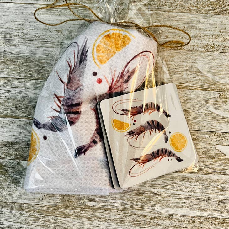 Shrimp Towel and Coasters