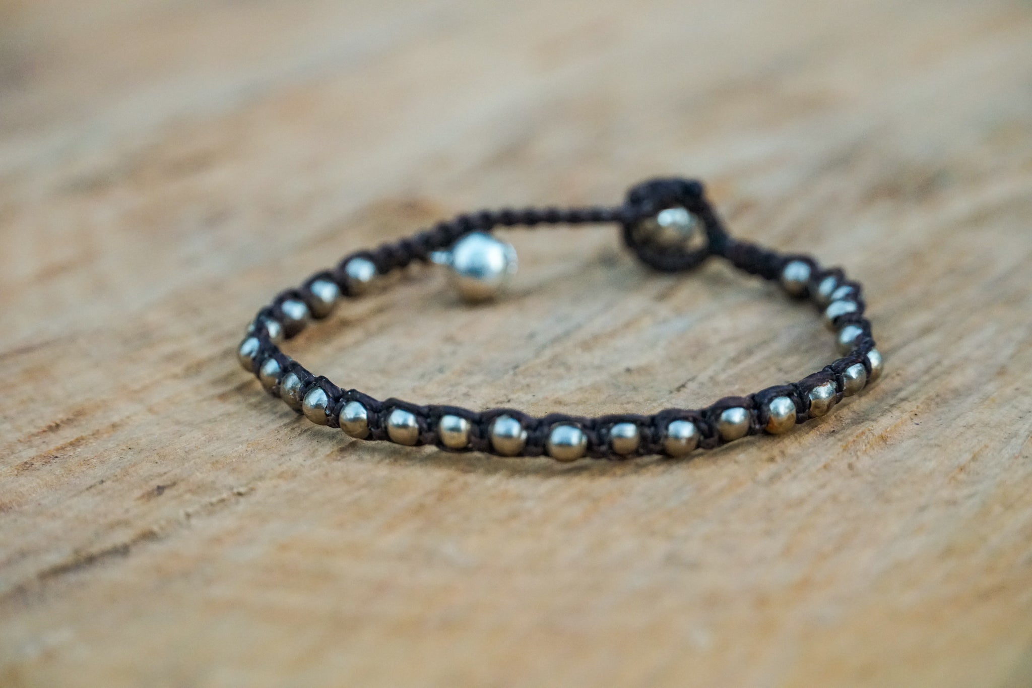 Silver Beaded Woven Cotton Bracelet Adjustable Boho