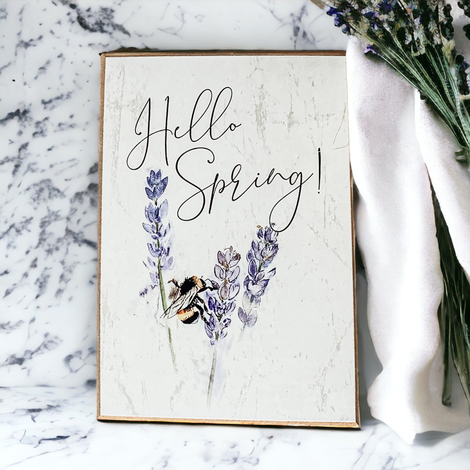 Hello Spring Wooden Block Sign Rustic Farmhouse Shelf Tabletop Decor