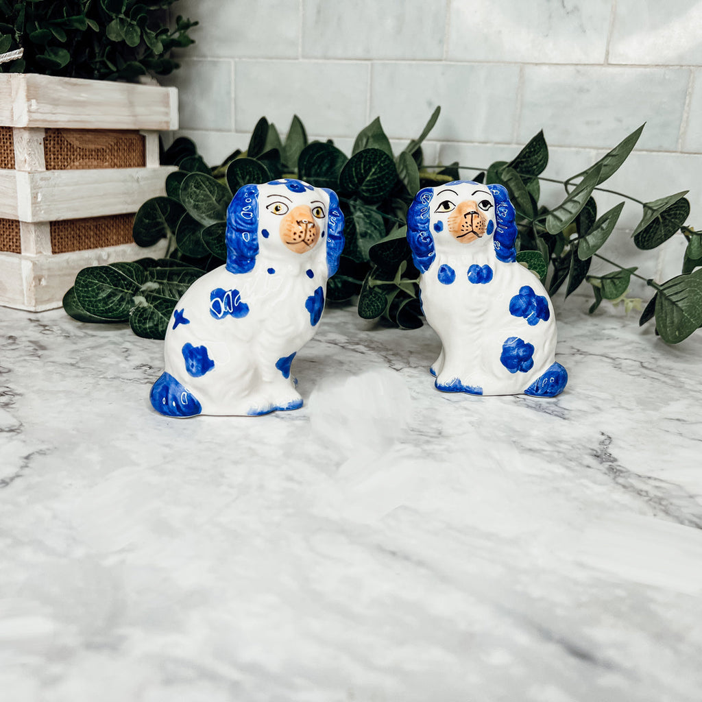Staffordshire Dog Salt And Pepper Shakers Ceramic Hand-Painted Blue White