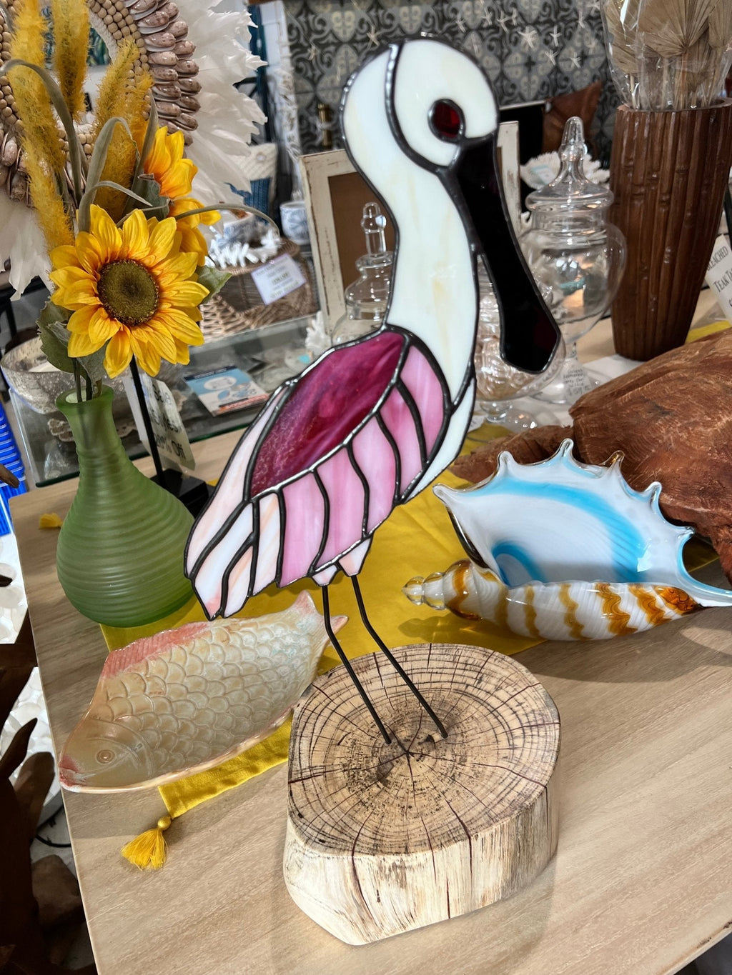 Stained Glass Rosette Spoonbill- 18"