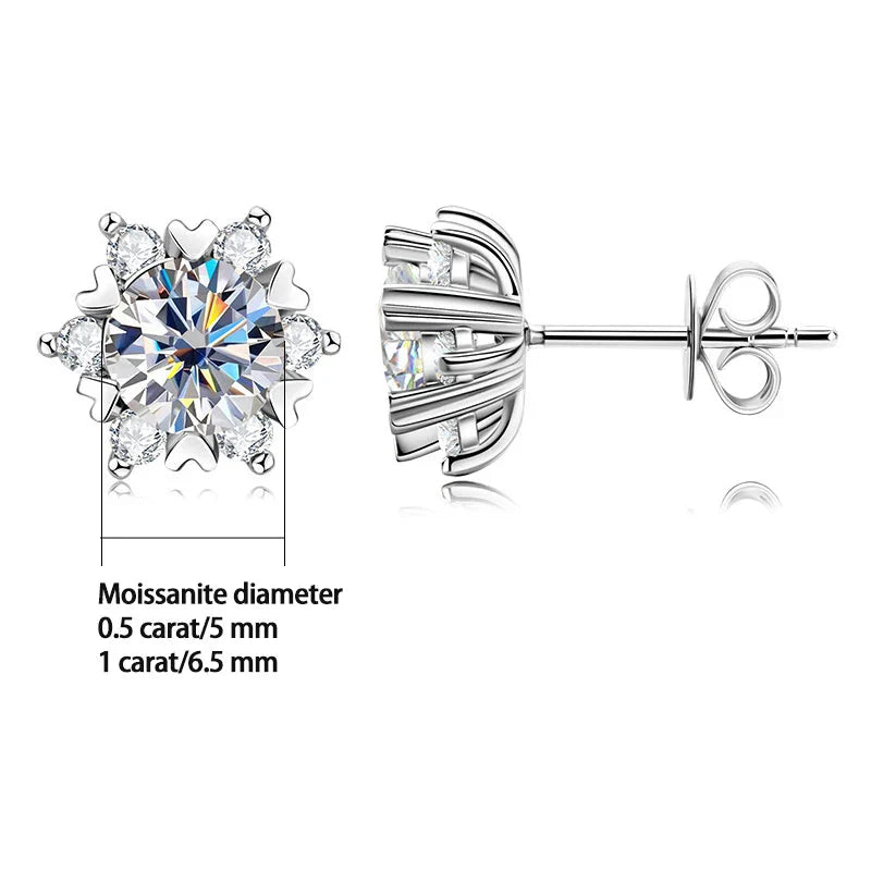 Sterling Silver Moissanite Snowflake Stud Earrings 6-Claw Valentines Gift