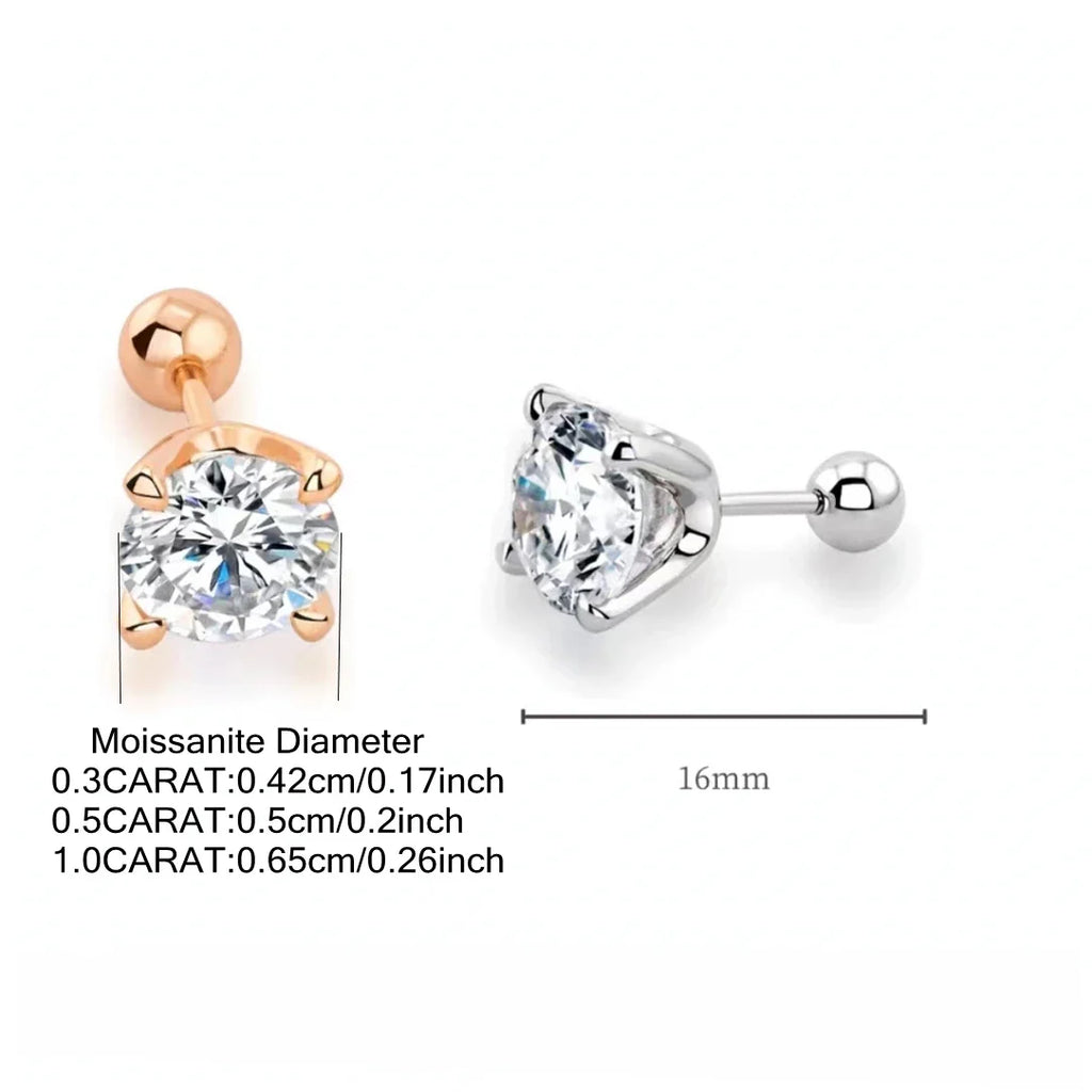 925 Sterling Silver Moissanite Stud Earrings 0.3-1ct Four-Claw Screw Back