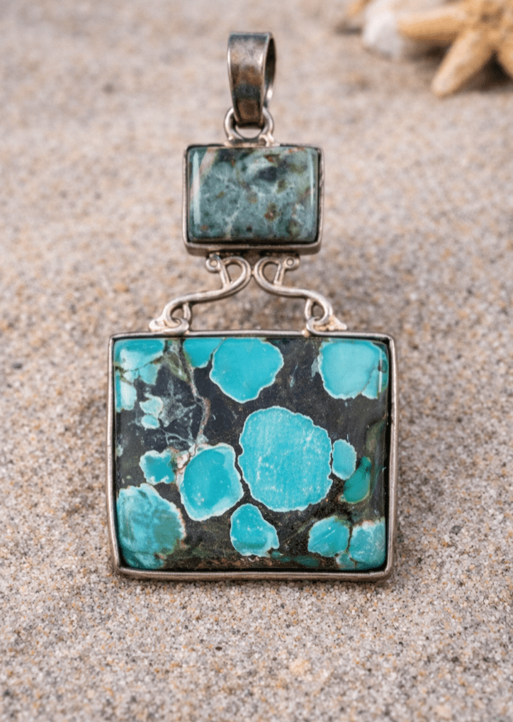 Sterling Silver Raw Turquoise & Agate Pendant – Statement Coastal Jewelry