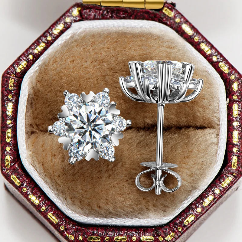 Sterling Silver S925 Moissanite Snowflake Stud Earrings 6-Claw Valentine's