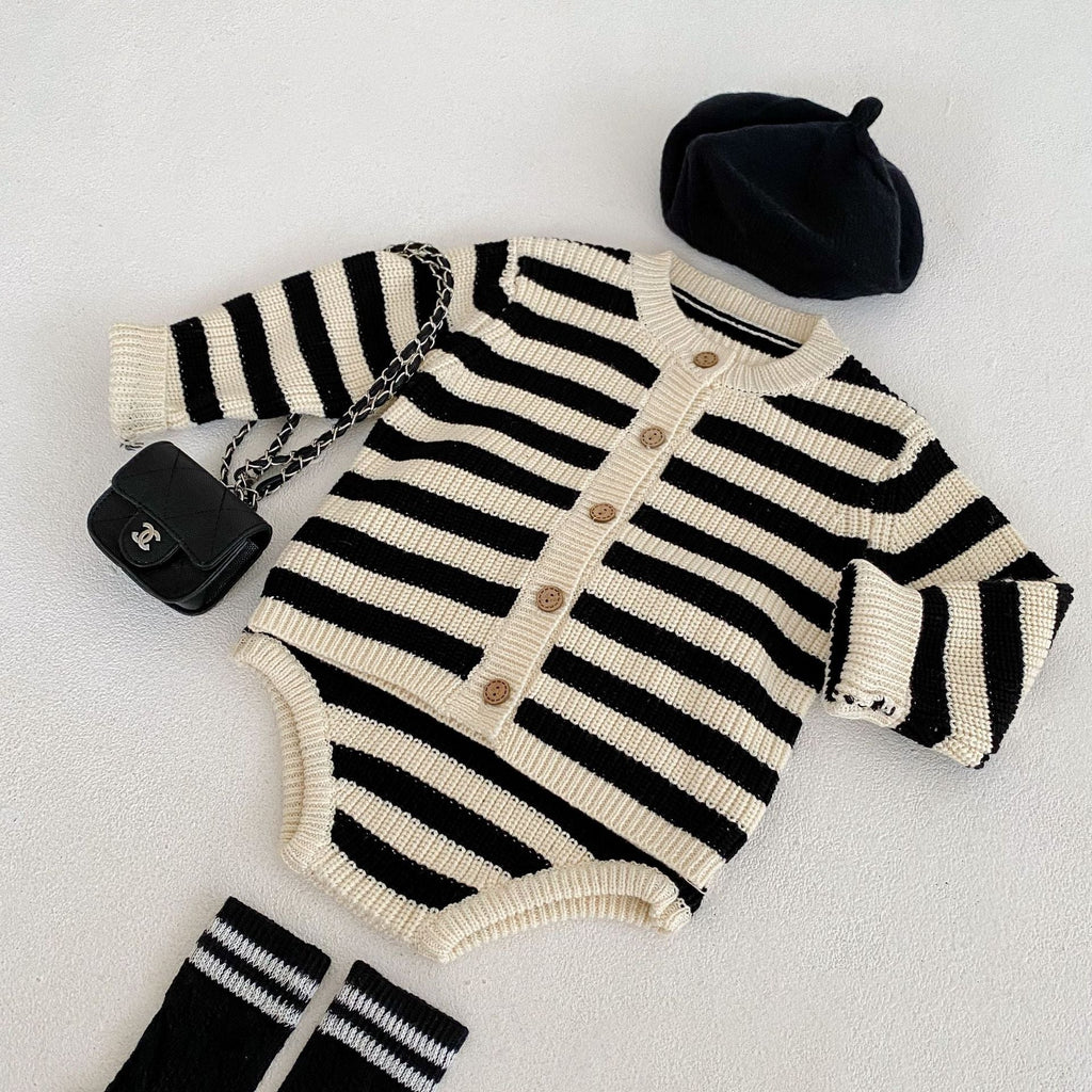 Striped Knitwear Set with Romper and Cardigan (One Set) - # BAAA51210038