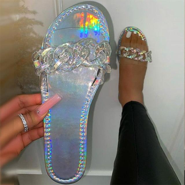 Summer Women's Slippers Flats Metal Chain Slides Square Toe Flip Flops Woman Beach Slipper Beach Open Toe Flat Slippers Fashion Golden Chain Luxury Slide Flip Flops Slip On Outdoor Slipper