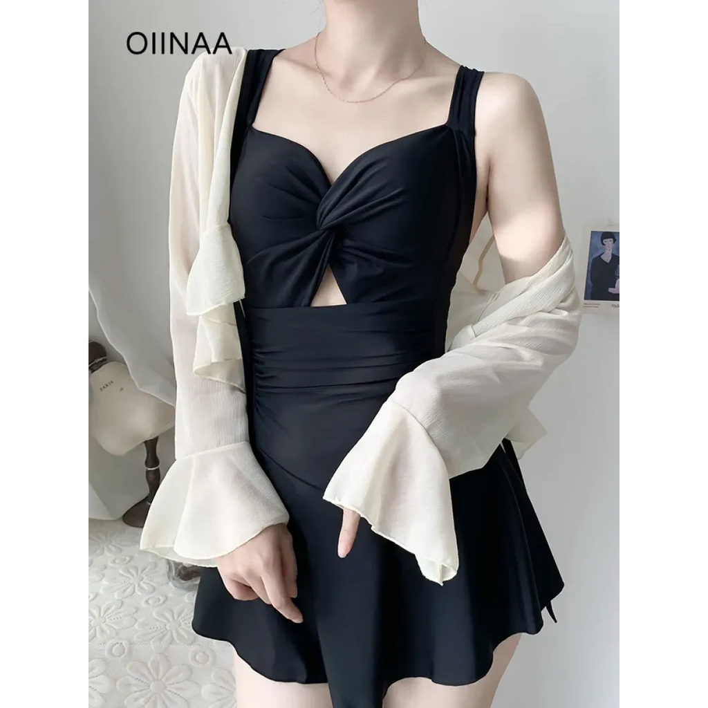 Pleated Cutout Swimsuit Dress – Korean Sexy Summer 2025 Swimwear