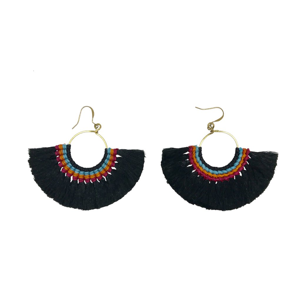 Tassel Fan Earrings Boho Cotton Tassel Lightweight 3in Drop Brass Handmade
