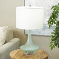 Teal Glass Table Lamp with White Drum Shade & Silver Base