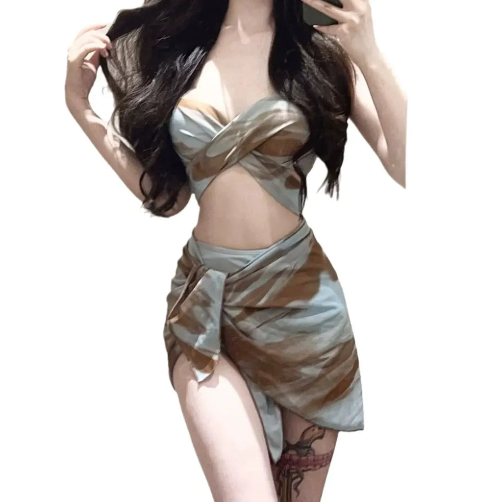 Tie Dye Bikini Set – Sexy 3pc Swimsuit with Mesh Cover Skirt