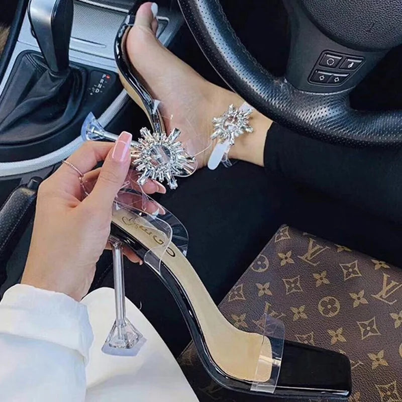 Transparent Open Toe High Heel with Rhinestone Crystal - # GIAA73210008