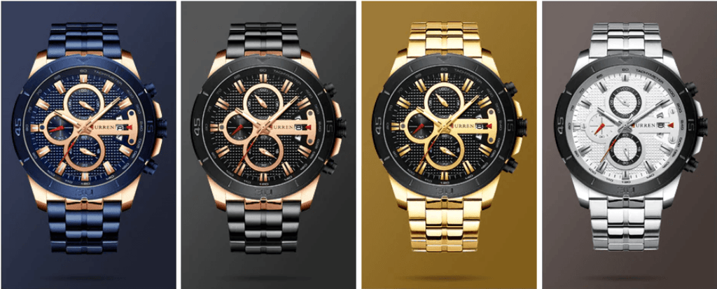 Montre étanche pour homme avec chronomètres, affichage du jour et aiguilles fluorescentes. Design de luxe unique. Cadeau parfait.