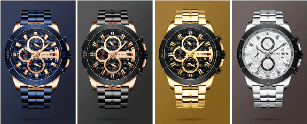 Montre étanche pour homme avec chronomètres, affichage du jour et aiguilles fluorescentes. Design de luxe unique. Cadeau parfait.