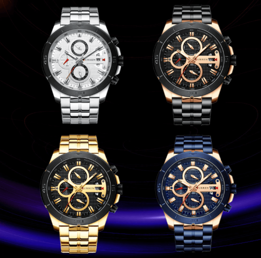 Montre étanche pour homme avec chronomètres, affichage du jour et aiguilles fluorescentes. Design de luxe unique. Cadeau parfait.