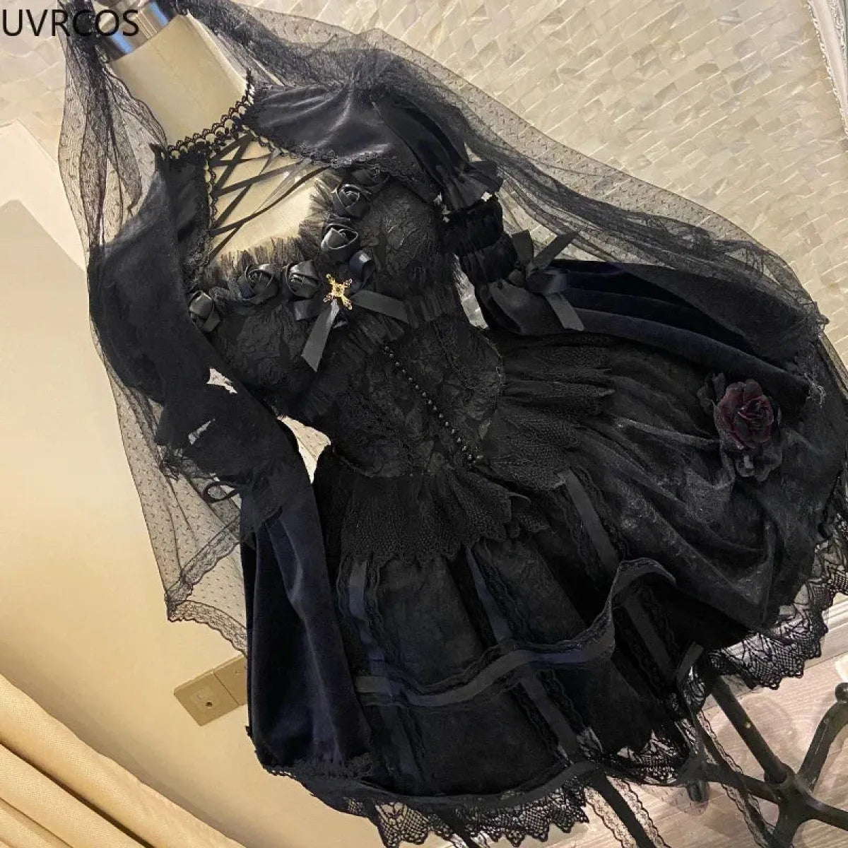 Victorian Gothic Lolita Dress - Sweet Lace & Rose Detail