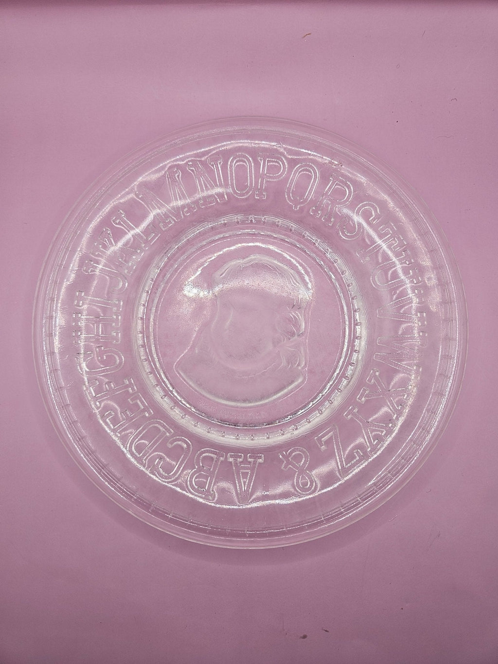 Vintage Clear Pressed Glass Child’s Plate with Alphabet & Little Girl Cameo – 8"