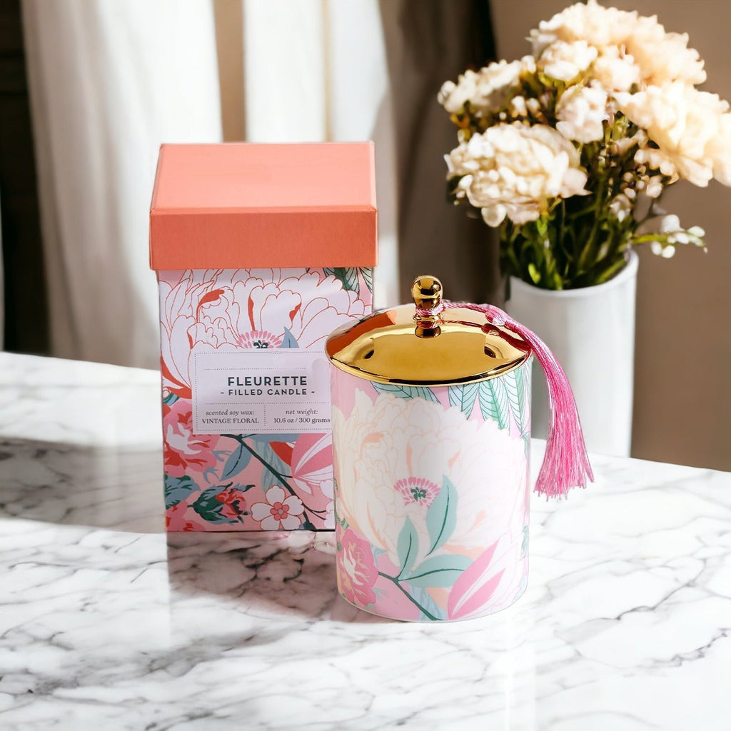 Vintage Floral Scented Soy Candle 10.6oz Porcelain Jar Gold Lid Gift Box